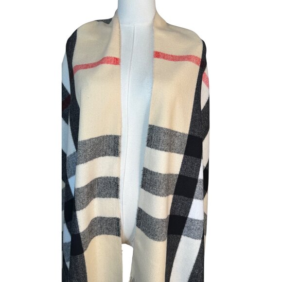 2/$30 New Cashmere Blend Plaid Shawl Wrap With Fringe Cream Red Black White - Picture 4 of 10